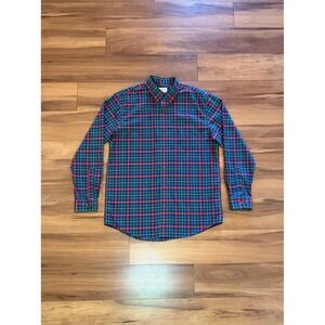 LL Bean Plaid Flannel Button Shirt Red Blue Yellow Wrinkle Free Mens Size Medium